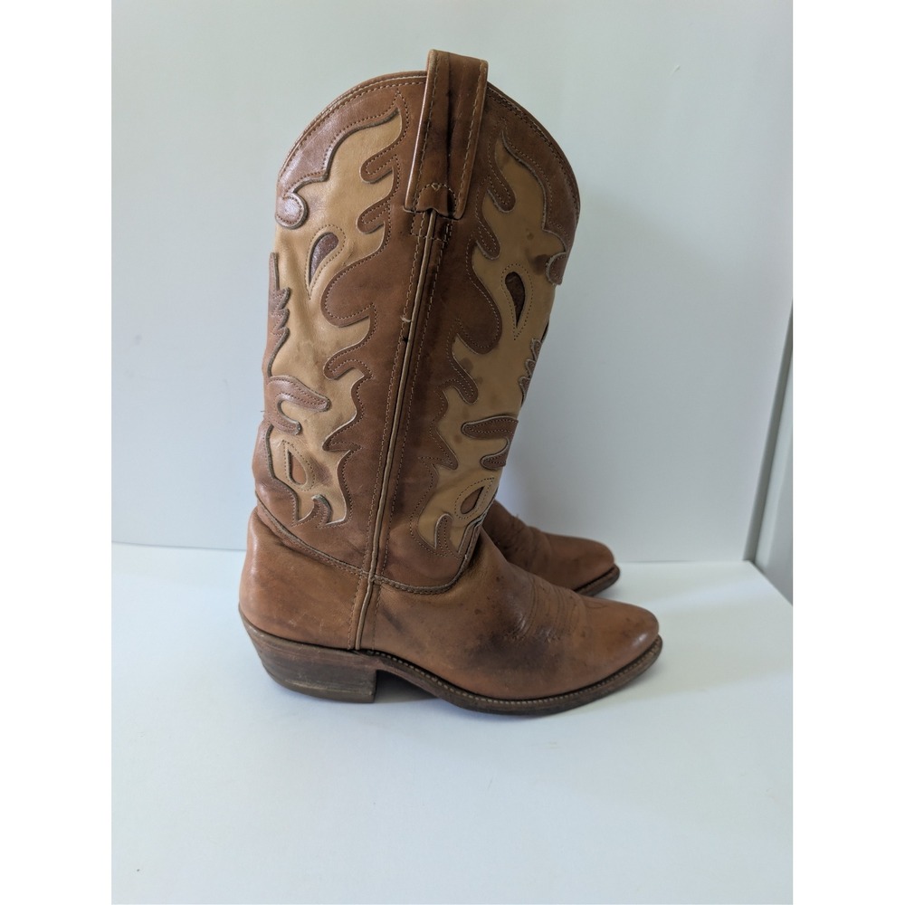 Vintage Rare Double H Leather Western Cowboy Boots Brown Flame 7.5B 5165